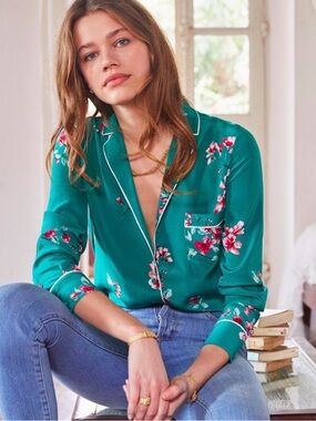 Sezane Elisa Floral Pajama Top Silk Green Floral Size 36 US 4